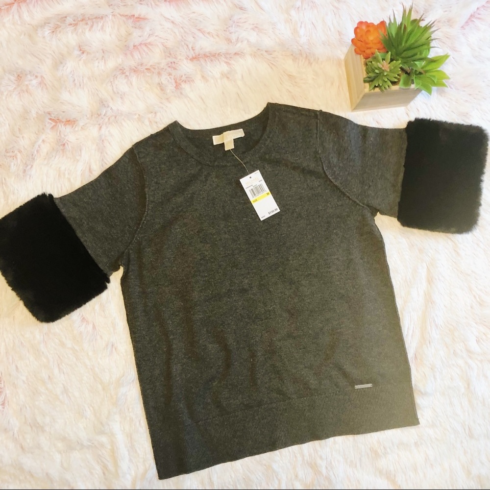 NWT Michael Kors Derby Sweater Faux Fur Cuffs